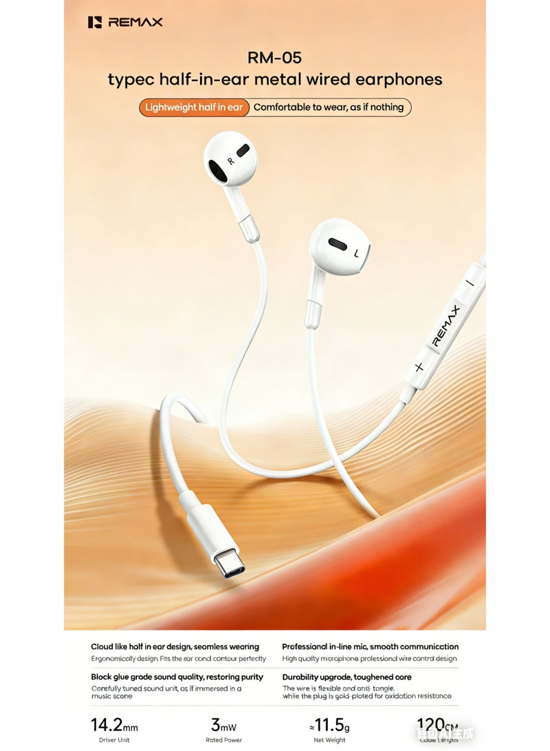 REMAX Wired Earbuds with Mic, Type-C Interface, Comfortable In-Ear Hi-Fi Sound Headphones, Tangle-Free Cable - Image 2